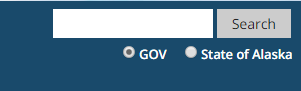 An example of a search box that should appear to the right of the agency header text.  It is composed of a fancy textbox, a submit button and 2 radio buttons.  The radio buttons are labeled '[Agency]' and 'State of Alaska'